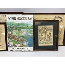 After Robert Morden (British 1650-1703): Three reproduction maps of Yorkshire and another after Richard Blome together with a vintage advertising poster and signed print of Robin Hood's Bay and three other prints max 38cm x 48cm (9)