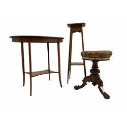 Victorian rosewood revolving piano stool, oak plant stand and an inlaid oval table (3)
