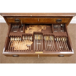  Canteen of Roberts & Belk Romney silver-plated flatware, twelve place settings, contained in Queen Anne style mahogany canteen chest, two drawers, cabriole legs on pad feet, W72cm, H78cm, D51cm    