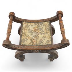 Late 19th century carved oak X-frame stool with tapestry seat