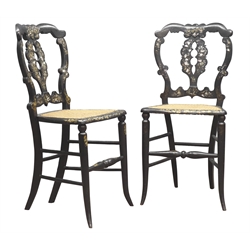  Pair Victorian ebonised bedroom chairs, inlaid with mother of pearl, cane seats (2)  