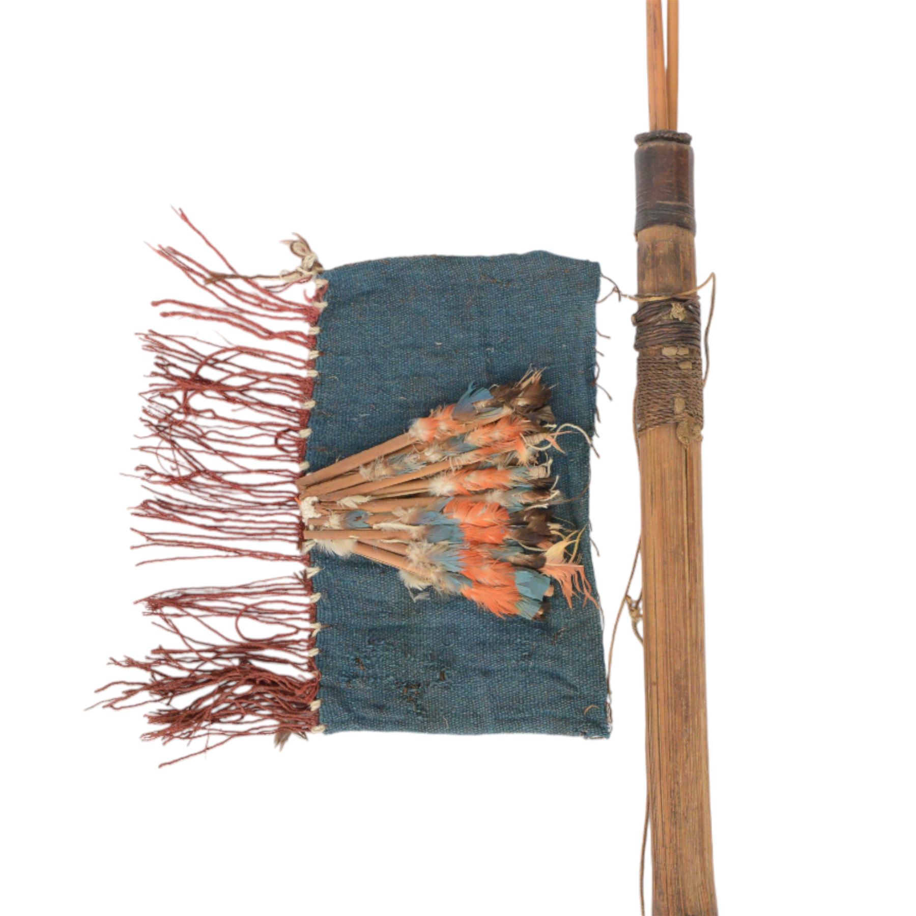 South American Indian carrying bag for blow pipe darts, together with African quiver with three barbed arrows