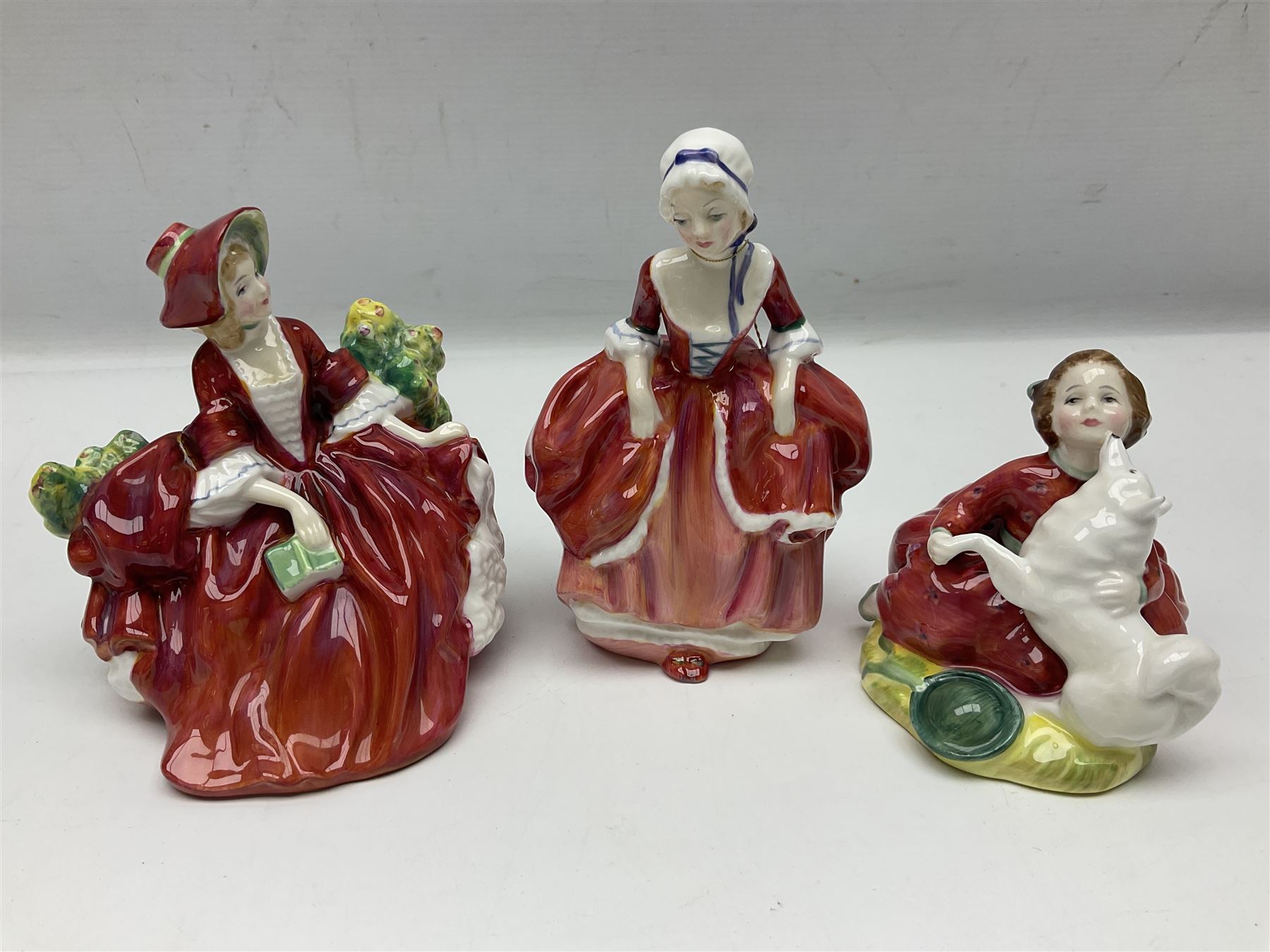 Ten Royal Doulton figures, to include Lydia HN1908, Goody Two Shoes HN2037, May HN2746, A Single red Rose HN3376, etc, nine with original boxes 