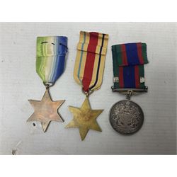 WW2 Canada Volunteer Service Medal 1939-45 with maple leaf clasp; and five WW2 Stars - Burma Star, Atlantic Star, Africa Star with 8th Army clasp, France and Germany Star and Pacific Star with Burma clasp; all with ribbons (6)