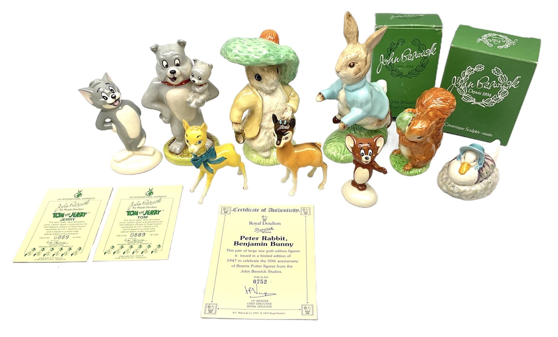Collection of Beswick figures to include Beatrix Potter Squirrel Nutkin, Jemima Puddleduck, Spike and Tyke, Tom and Jerry, both boxed and with certificates, Chamois 1551 and Babycham 1615a (a/f) Beswick Ware Royal Douton Peter Rabbit and Benjamin Bunny, with certificate
(9)
