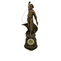 An imposing bronzed spelter clock depicting a 19th century  fisherman, on a circular ebonised base with a plaque entitled “Cod Fishing” with a Parisian eight-day striking movement striking the hours and half-hours on a coiled gong, two-part dial with a gilt centre, ivorine chapter inscribed with upright gothic Arabic numerals and minute markers, with steel gothic hands within a brass bezel and flat bevelled glass. With pendulum.   



