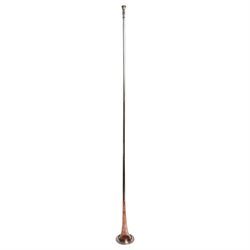 Kohler & Son (61 Victoria Street London) - Victorian silver plated and copper coaching horn of long tapering form with flared bell, stamped to the bell with makers mark and a '4' within a hand motif, L132cm
