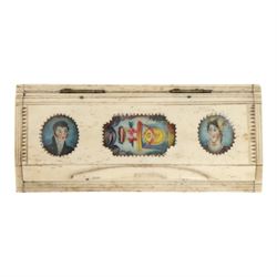 French Napoleonic Wars prisoner of war bone snuff box 1805-20, with coloured insets in the...