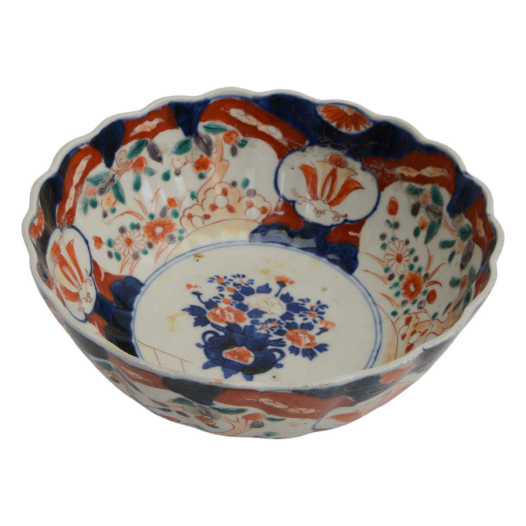 Japanese Imari dish, with scalloped edge, the internal decoration with panels of blossoming branches and a central bird, together with another imari bowl and three vases, scalloped dish H7cm