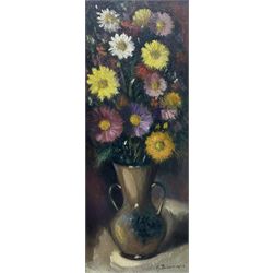 Alfredo Bonciani (Italian 1902-1988 ): Flowers in an Earthenware Vase, oil on board signed, artist's studio label verso 49cm x 19cm
