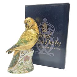 Royal Crown Derby paperweight, Sun Parakeet, with gold stopper and printed mark beneath, with original box