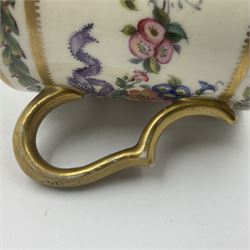Sèvres soft paste porcelain coffee can and saucer with date code for 1780, painted with pink oval panels bordering bouquets of flowers, united by swags of flowers tied with purple ribbons, within laurel leaf borders, interlaced LL monogram enclosing date letters CC above painters marks for Nicquet, coffee can H7.5cm, saucer D15cm