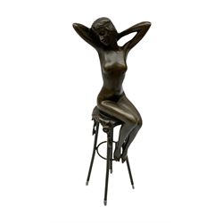 Art Deco style bronze modelled as a nude female figure, seated upon a chair, after 'D.H. Chiparus', H27.5cm