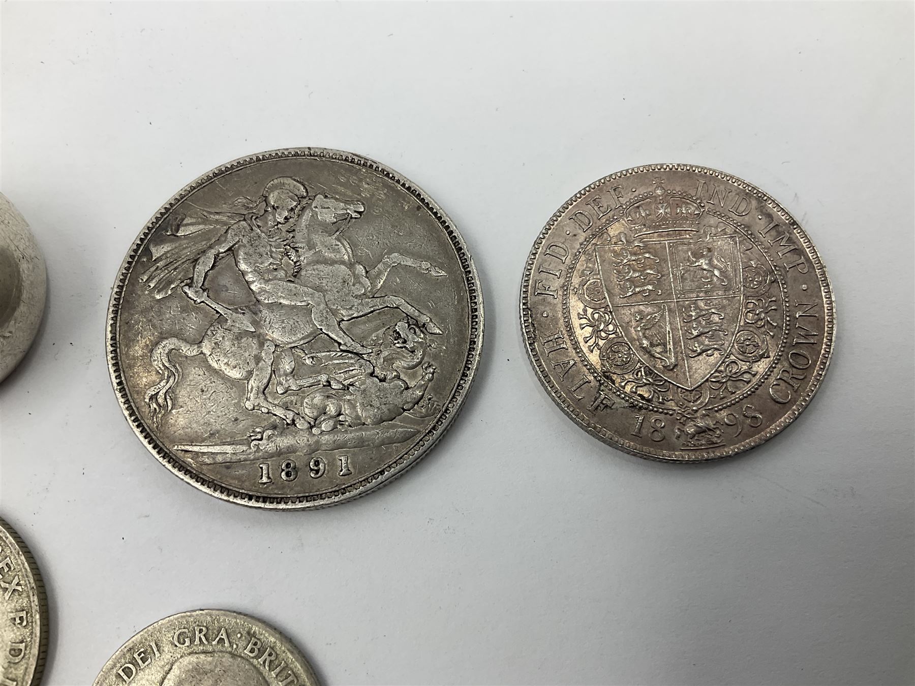 Queen Victorian 1891 crown, 1898 half crown, silver coin ring, silver coin bracelet etc