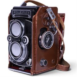 Rollei Franke & Heidecke Rolleiflex Model T medium format TLR camera, serial no. 2384853, with Carl Zeiss Planar 1:3.5 f=75mm and Heidosmat 1:2.8/75 lenses