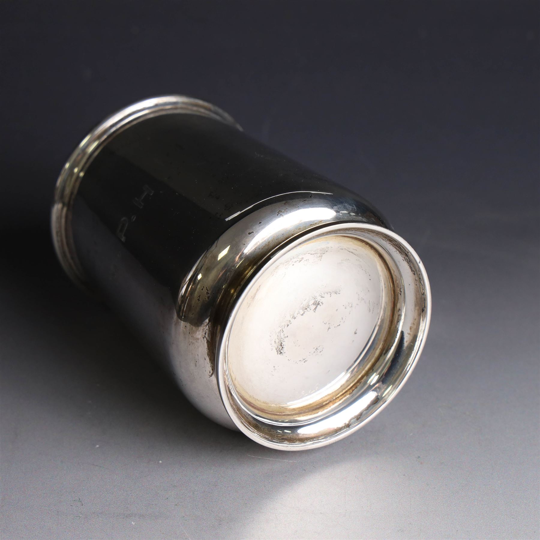 1930s silver christening mug, of slightly tapering cylindrical form and C scroll handle, engraved with initials to body, hallmarked Birmingham 1933, maker's mark worn and indistinct, H10cm