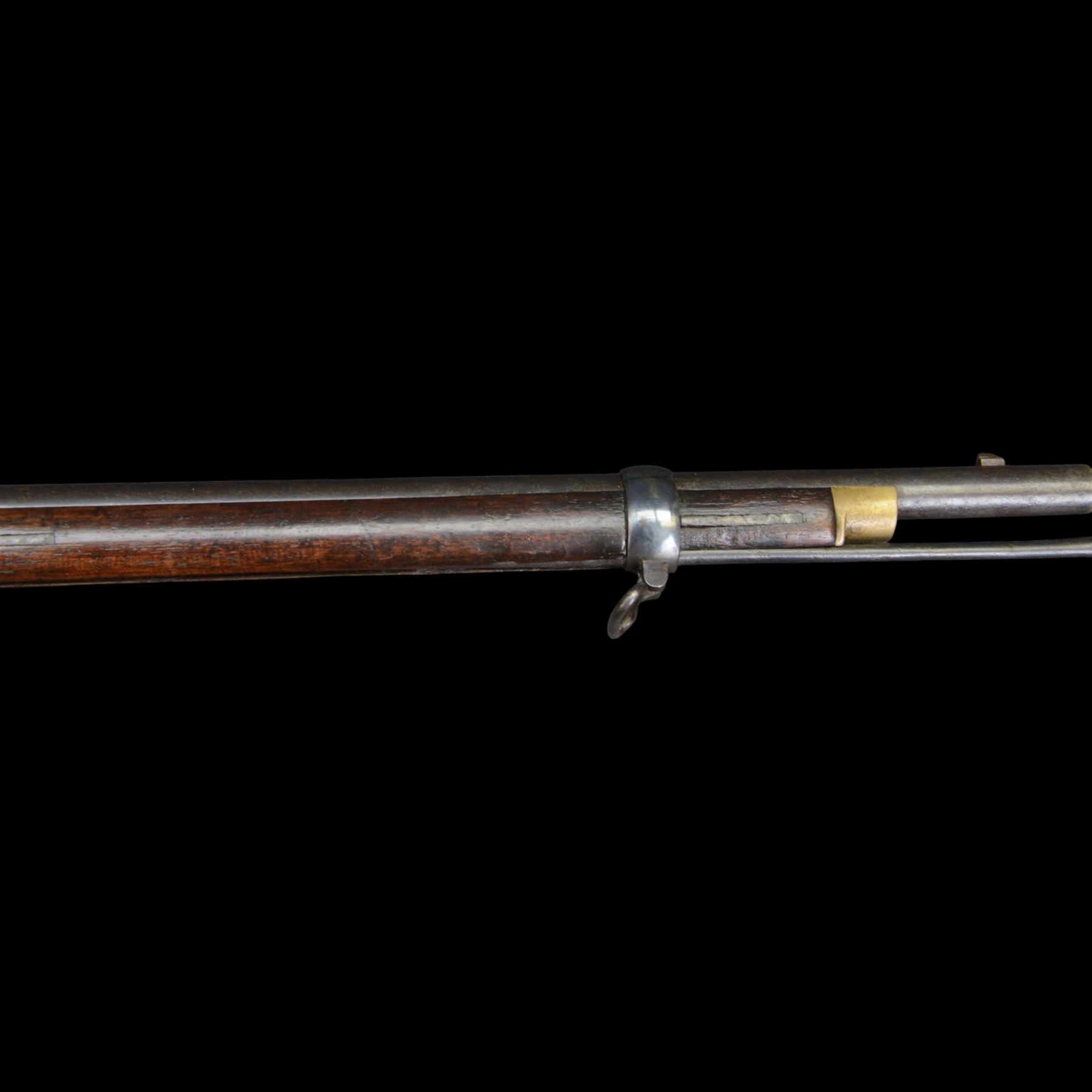 19th century Enfield percussion rifle, the 99cm barrel with three barrel bands, fore sight and rear sight, ramrod under, full walnut stock with brass butt, carrying sling brackets, action marked '1855 Tower' with Victoria cypher, overall L138cm