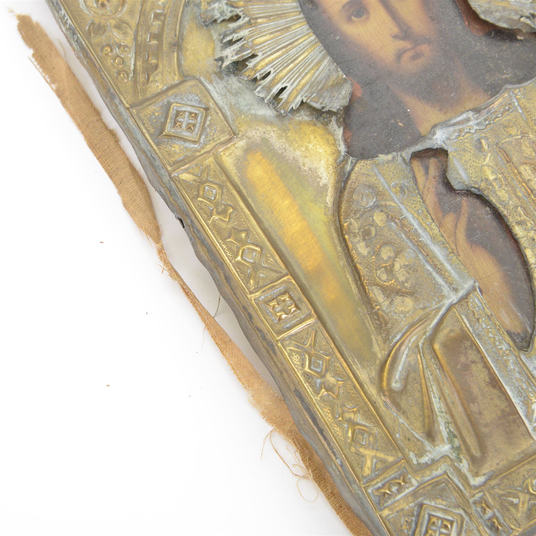 20th century Russian Orthodox icon depicting Jesus, in brass fronted painted wood panel, H22cm