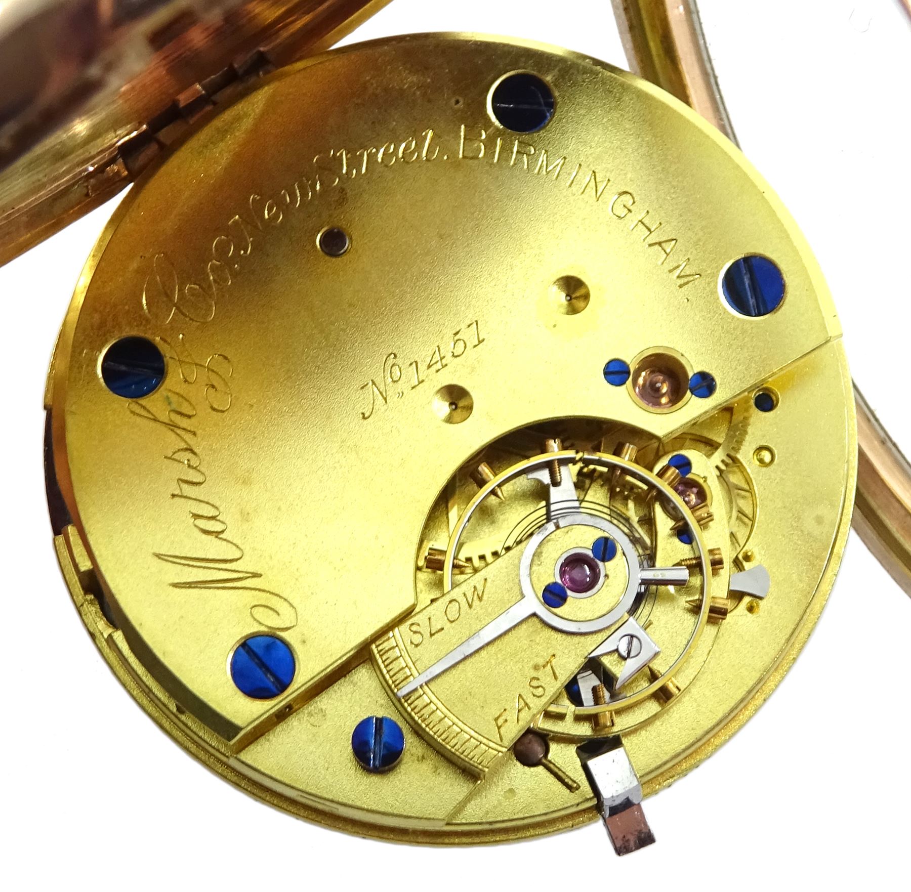 Edwardian 9ct rose gold open face, ladies keyless lever pocket watch by Marsh & Co, Birmingham, no. 1451, white enamel dial with Roman numerals, back case engraved with initials, case makers mark W.S, Chester 1902