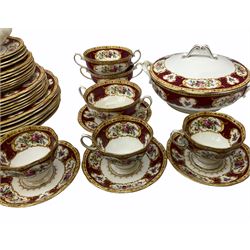 Royal Albert Lady Hamilton pattern part tea and dinner service,  comprising six tea cups and saucers, six cake plates, six twin handled soup bowls and four saucers, six dinner plates, six side plates, a serving jug and two covered tureens. 