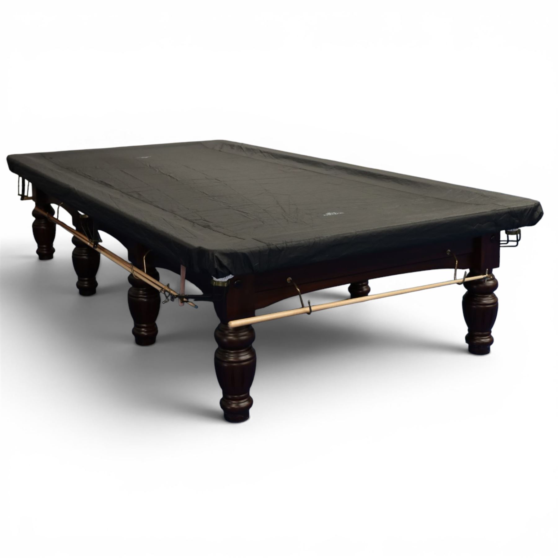 Riley England - full size snooker table, traditional timber framed table fitted with green baize cloth, leather drop pockets, turned legs with stretcher bars, slate bed; with accessories to include, cues and stand, rests, ball, iron, brush and cover
