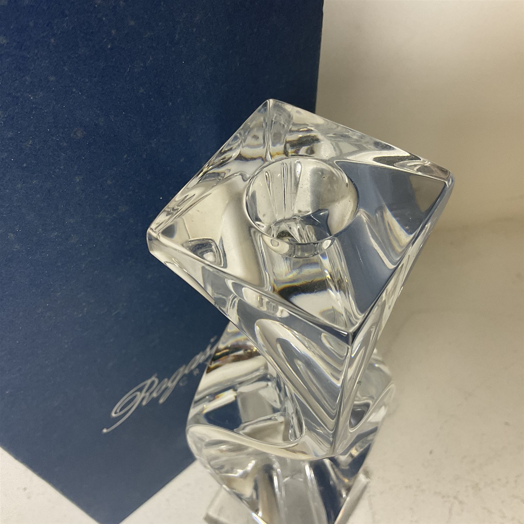 Late 20th century art glass, to include a Robert Held vase, of baluster form with iridescent swirl design, two frosted glass vases with peacock feather design on green and white ground, frosted glass tulip shaped bowl with smoke design and a Rogaska Crystal cobra candlestick, tallest vase 27cm