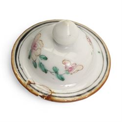 Chinese Export famille rose baluster form vase and cover, decorated with a bird perched on a flowering branch beside rocks, Qianlong style, probably later, H22.5cm