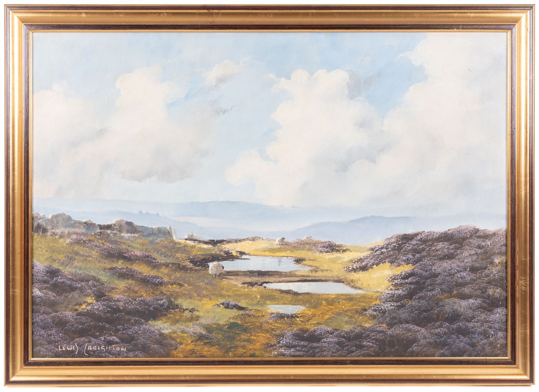 Lewis Creighton (British 1918-1996): Sheep on a Heather Moorland, oil on board signed 50cm x 72cm
