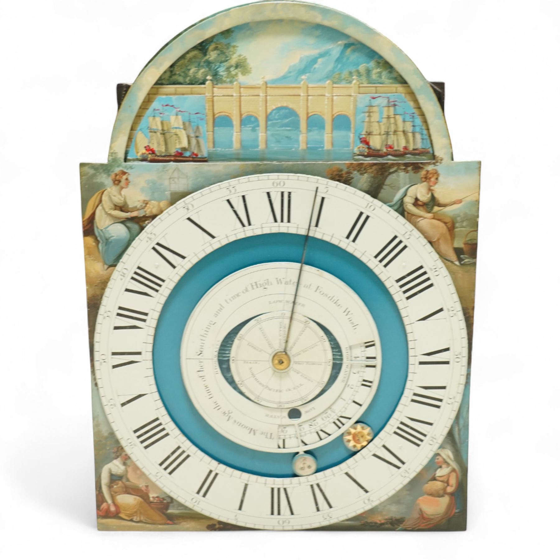 Thomas Emberson of Long Sutton (Lincolnshire) - Early 19th century longcase clock c1810 with a 30hr movement and an exceptionally rare 24-hour painted dial, housed in an ebonised Pine case with a flat pediment and break arch hood door, glazed side panels and turned pilasters with brass Corinthian capitals, trunk with a long door and conforming break arched top raised on a stepped plinth, fully painted dial with painted spandrels representing the four seasons and an operating automata depiction of ships at sea, rising and falling with the time of high and low water to the arch, with a 24-hour chapter with Roman numerals, five minute Arabic's, minute and inner quarter hour tracks, steel radial minute hand and image of the sun recording the hours, secondary inner dial illustrating the phases of the moon and lunar calendar recording the date and times of high and low water at Fosdike Wash (Lincolnshire), with an adjustable circular disc to the centre giving the times of high water at seven other locations including the Northern Pacific Ocean, dial attached to a countwheel striking chain driven movement, sounding the hours on a bell. With weight and pendulum.
Thomas Emberson is recorded not as a clockmaker but a machine maker from Long Sutton. This clock is also thought to have originally contained a musical movement, now removed, and was clearly an individual project possibly based on an earlier clock by John Ferguson illustrated in 