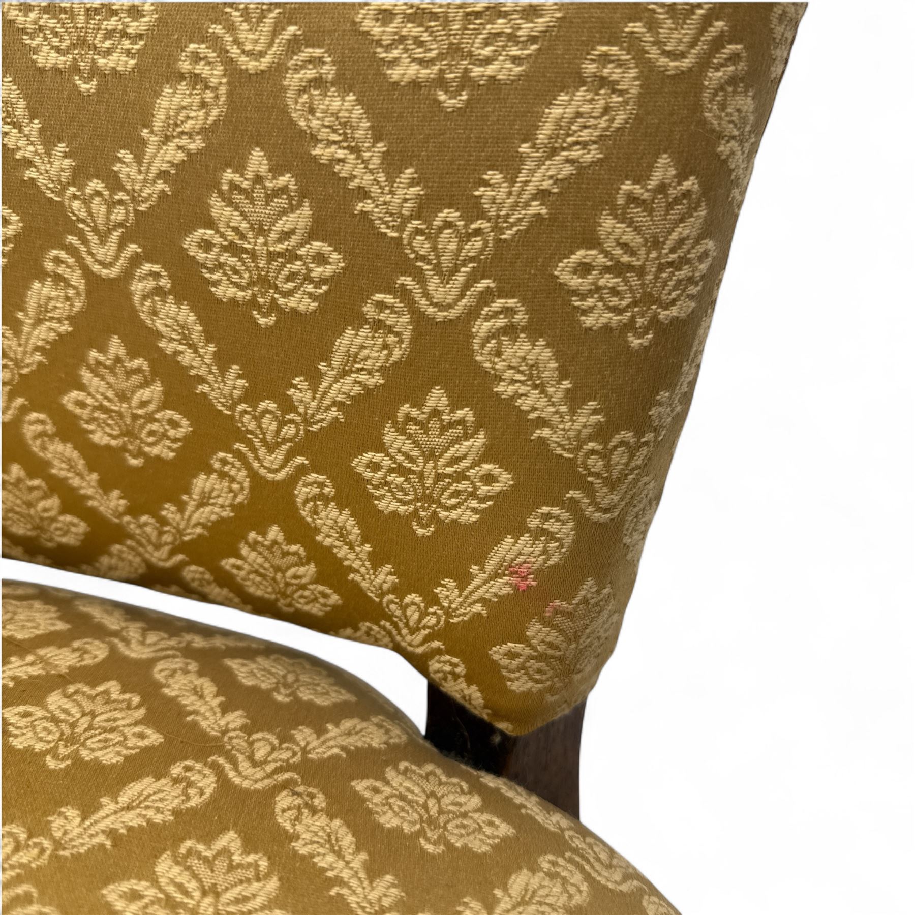 Pair of 19th century Hepplewhite style armchairs, shaped serpentine back over seat upholstered in gold damask fabric, with padded outswept arms and serpentine front rail, on moulded mahogany foreleg