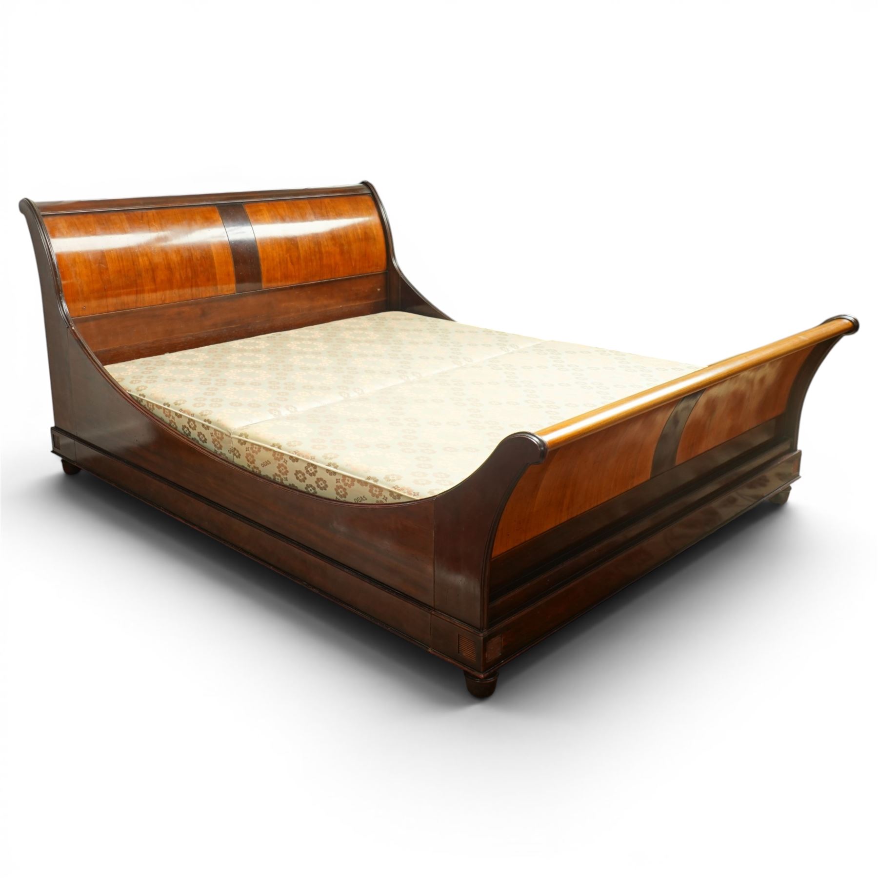 And So To Bed - super king size 'Palais' sleigh bed, with curved headboard and footboard, figured veneer panels, contrasting inlaid-style banding and upholstered base panels