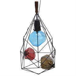 KARE Designs - modern table lamp, the wirework metal cage of multi-faceted form enclosing three coloured glass shades, supported from a central mount with turned wooden handle above