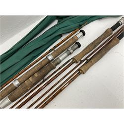 Four split cane fly fishing rods, three made by Burn of Selsdon, the four unmarked, housed in rod bags and a card tube