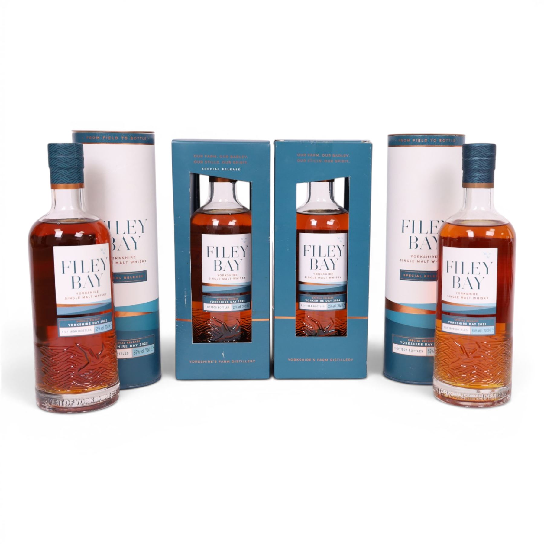 Sprit of Yorkshire Distillery, Filey Bay Special Release Yorkshire Day single malt whisky, 70cl 55% vol, for the years 2021, 2022 and two bottles 2024