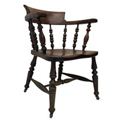 Victorian elm captains smokers bow chair, spindle turned tub shaped back, saddle seat, seat height 41cm