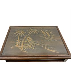 Chinese carved hardwood nest of four tables, decorated with pagoda and boat scenes, the smallest table fitted with drawer 