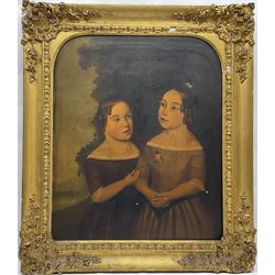 English Primitive School (Early/mid 19th century): Portrait of Two Girls, oil on canvas unsigned 74cm x 62cm
