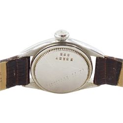 Tudor Oyster ladies stainless steel manual wind wristwatch, back case No. 35157 895, silvered dial with Arabic numerals, on brown leather strap