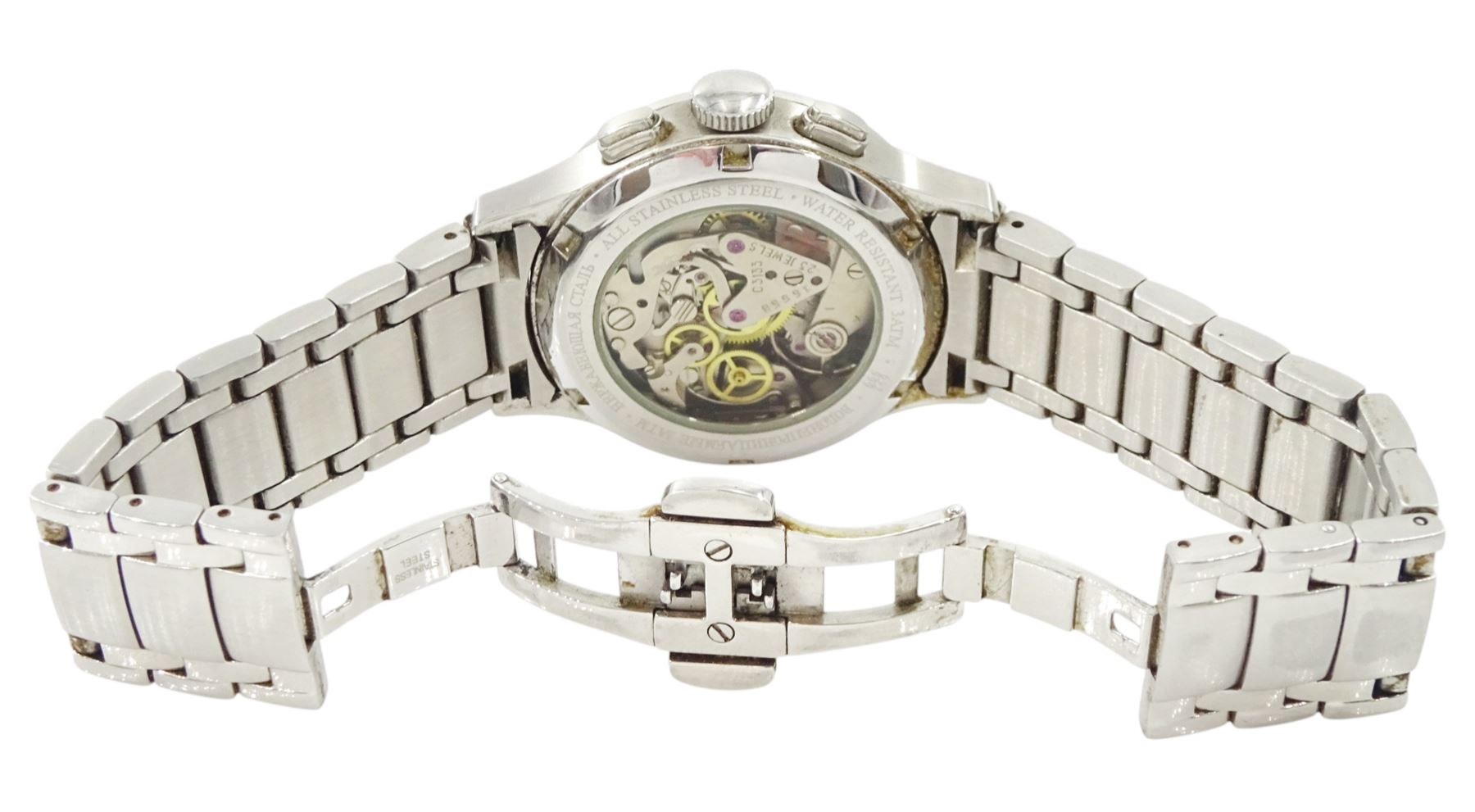 Strela Class 1 gentleman's stainless steel manual wind chronograph wristwatch, Cal. Poljot 3133, black dial with date aperture, on stainless steel steel bracelet, boxed