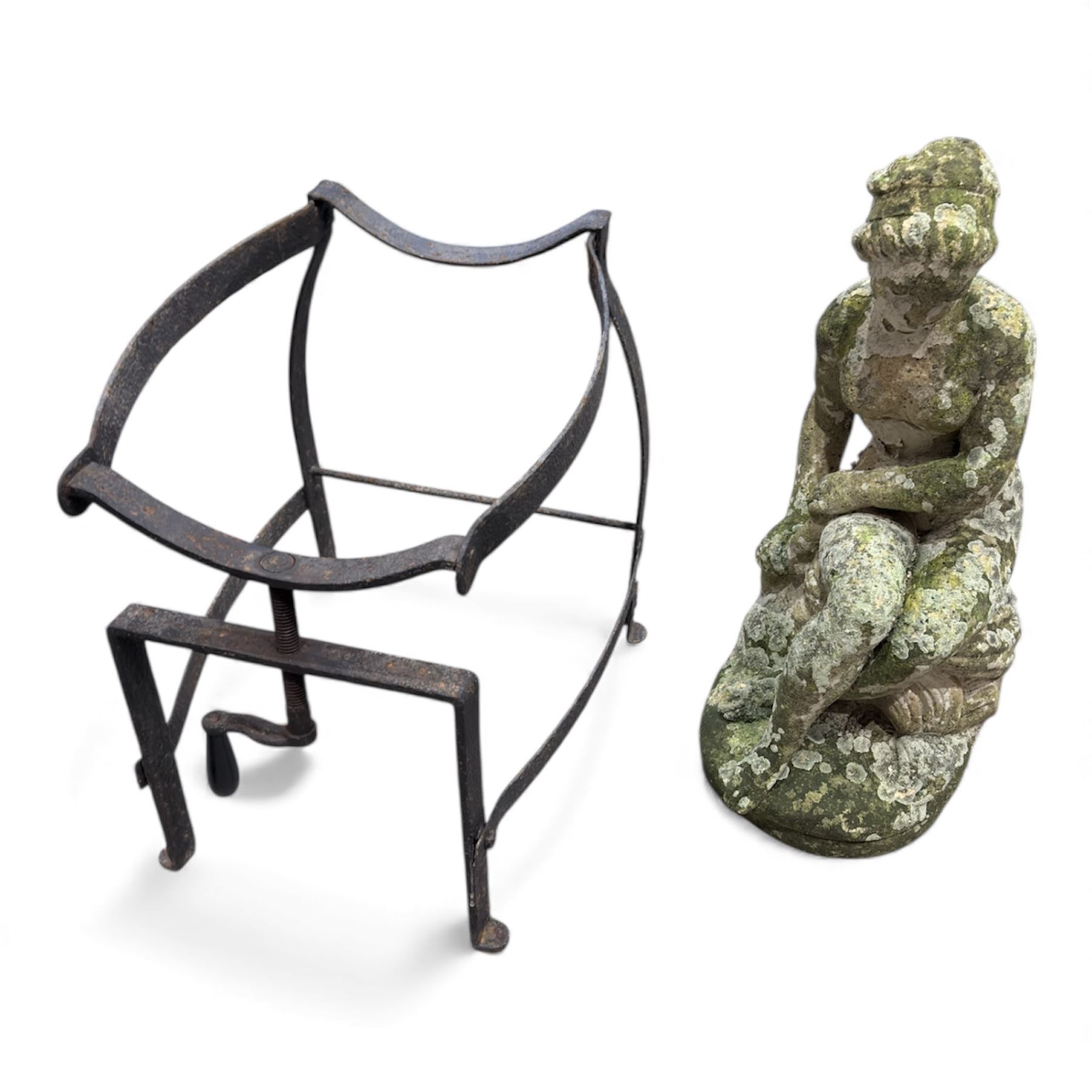 Cast stone female figure along with vintage iron pot-cradle / cauldron stand 