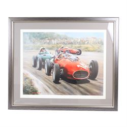 Two limited edition signed motor racing prints, the first by Ray Goldsborough depicting a Sharknose Ferrari 156 driven by Wolfgang Von Trips at the Monaco Grand Prix 1961, limited edition no. 36/475, the second by Robin Owen depicting a Sharknose Ferrari, limited edition no. 64/500, both numbered and signed by the artists, largest H56cm, W66cm