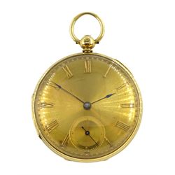 19th century 18ct gold open face lever fusee pocket watch, No. 10007, gilt dial with Roman numerals and subsidiary seconds dial, engine turned case with cartouche by Ralph Samuel, Chester 1850