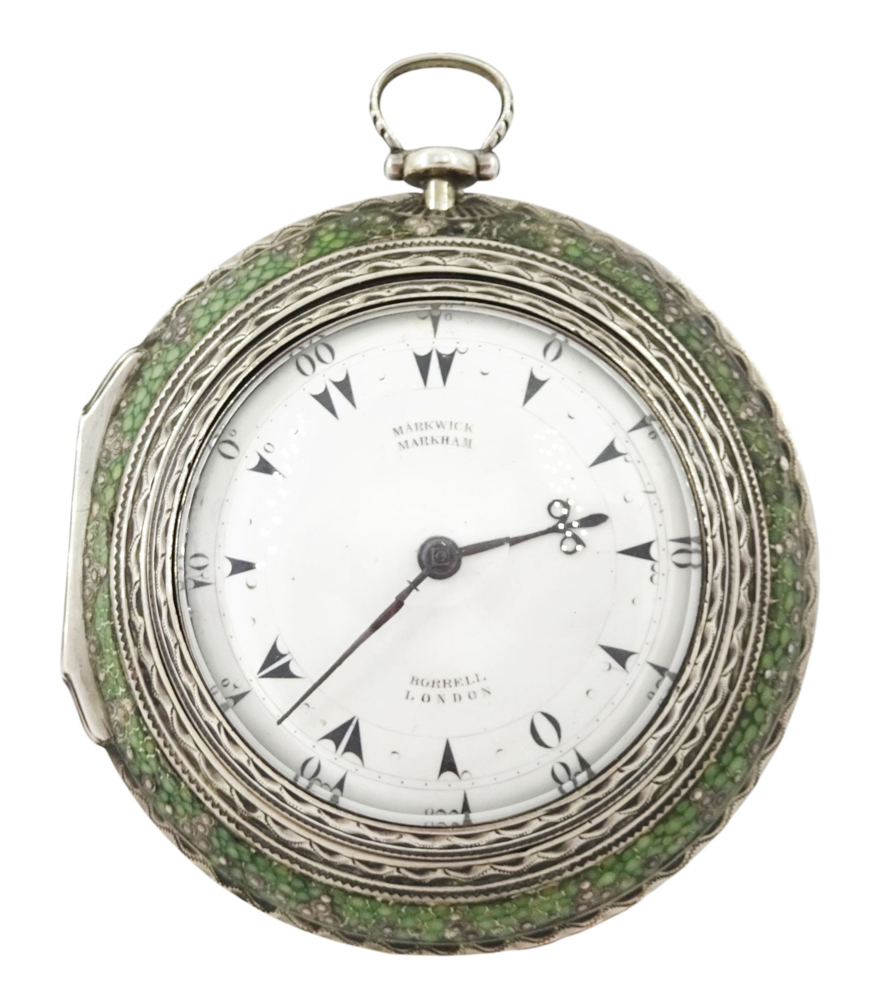 George III silver and gilt metal triple cased verge fusee pocket watch, for the Turkish market by Markwick Markham Borrell, London, No. 23209, ornate classical design pillars, pierced and engraved foliate balance cock, white enamel dial with Turkish numerals, bull's eye glass, the silver cases by James Richards, London 1804, the silver and gilt outer case decorated with green shagreen