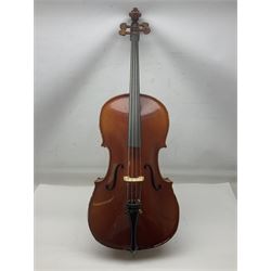Two student half-size cellos - Boosey & Hawkes Artia with 65cm one-piece back and spruce top; bears maker's label; L104cm overall; and Romanian with 65.5cm two-piece maple back and ribs and spruce top; bears label; L108.5cm overall; each in soft carrying case with two bows (2)