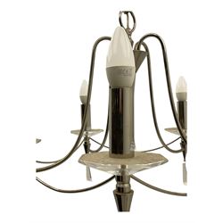 Contemporary black wrought iron six-light chandelier with drip trays and faux candle sleeves; polished chrome six-light chandelier with crystal droplets and cylindrical candleholders (2)