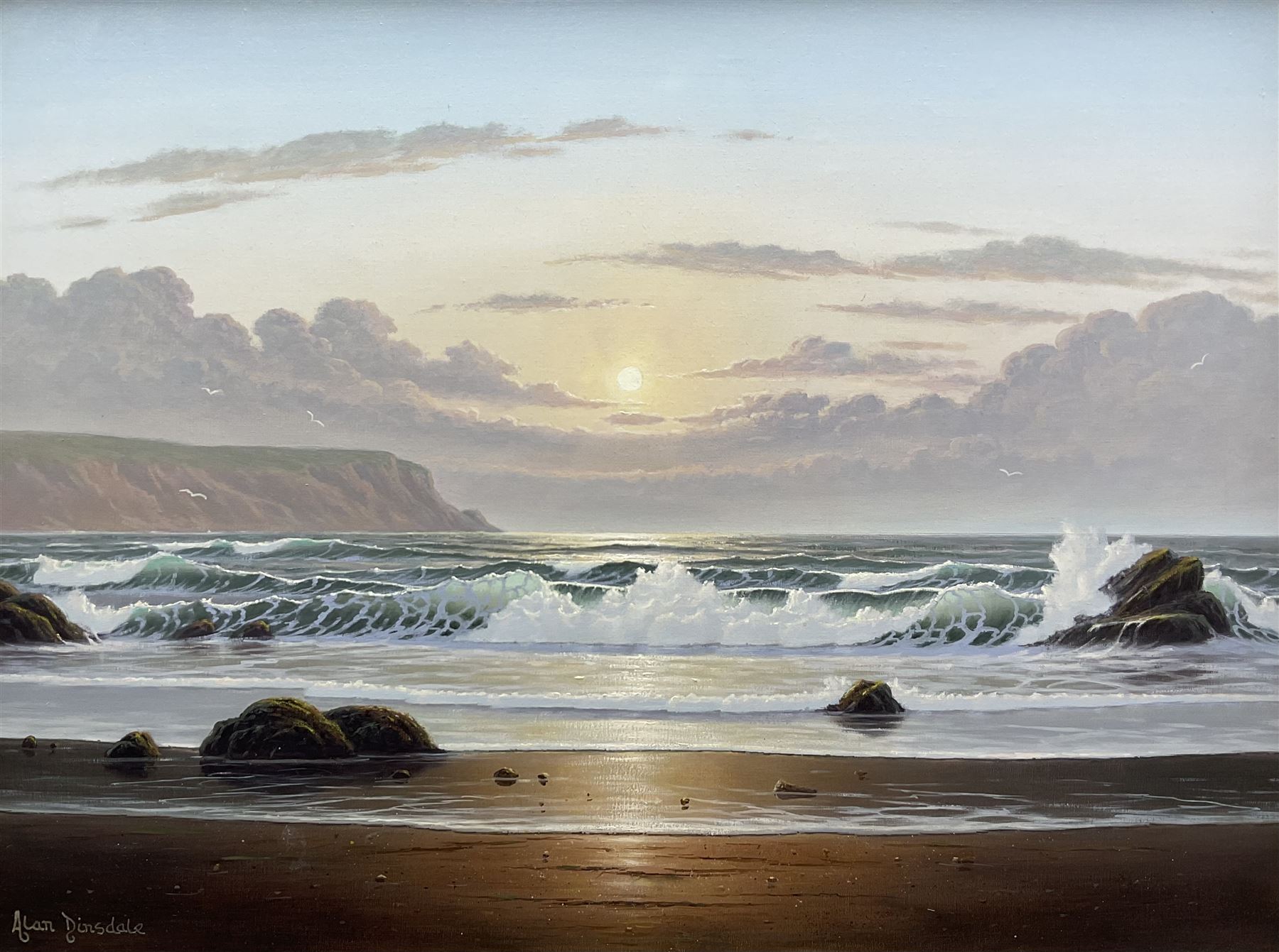 Alan Dinsdale (British 1939-): Sunrise on the Shoreline, oil on canvas signed 45cm x 60cm