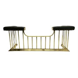 Georgian style brass club fire fender, corner leather seats, shaped centre
