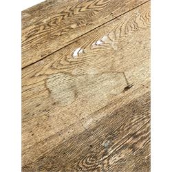 20th century oak refectory dining table, rectangular three plank top, on chamfered square supports 