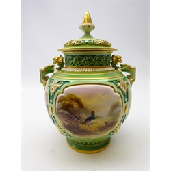  Early 20th century James Hadley Royal Worcester pot pourri vase and cover, with four hand painted panels, two decorated with pheasants in a woodland landscape, signed A.C. Lewis, 1905, H26cm   