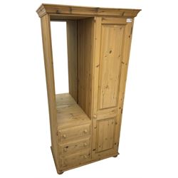 Traditional pine combination wardrobe, recessed cupboard with mirror back, fitted with single cupboard and three drawers